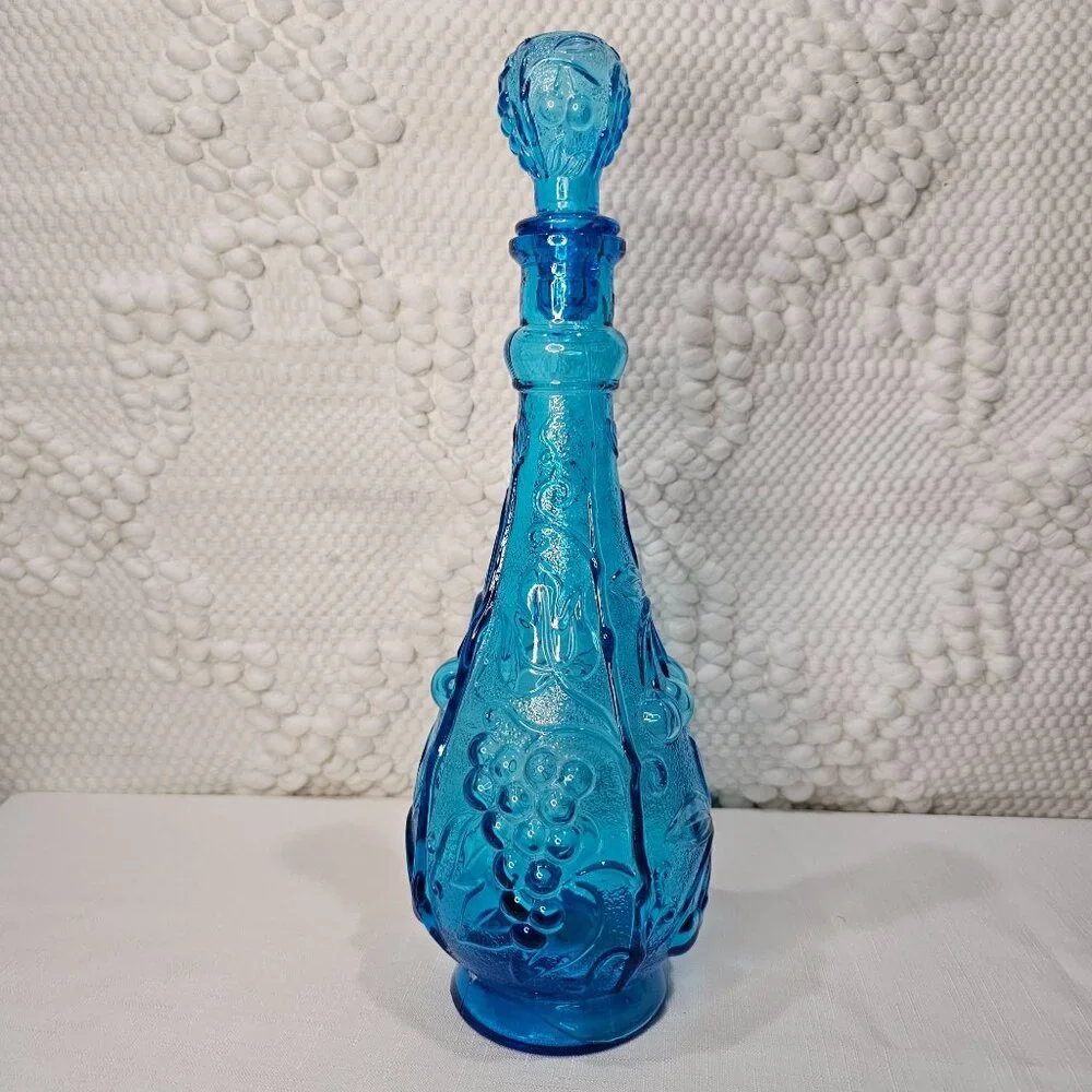 Vintage MCM Empoli Italian Aqua Blue‎ Glass 'Grapes' Genie Bottle/Decanter